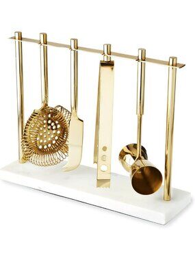 4-Piece Cocktail Tool Set with Strainer, Jigger, Knife & Tongs - Gold Home Bar